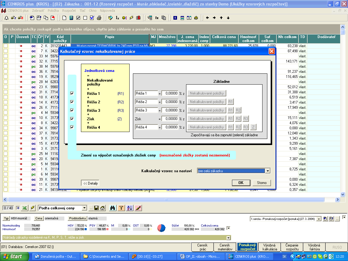 Ak potrebujeme zmeniť sadzbu réžií a zisku kalkulovaných v cenách položiek, prípadne indexovať hromadne ceny materiálov, miezd, strojov a OPN, môžeme to urobiť pomocou funkcie Kalkulačný vzorec