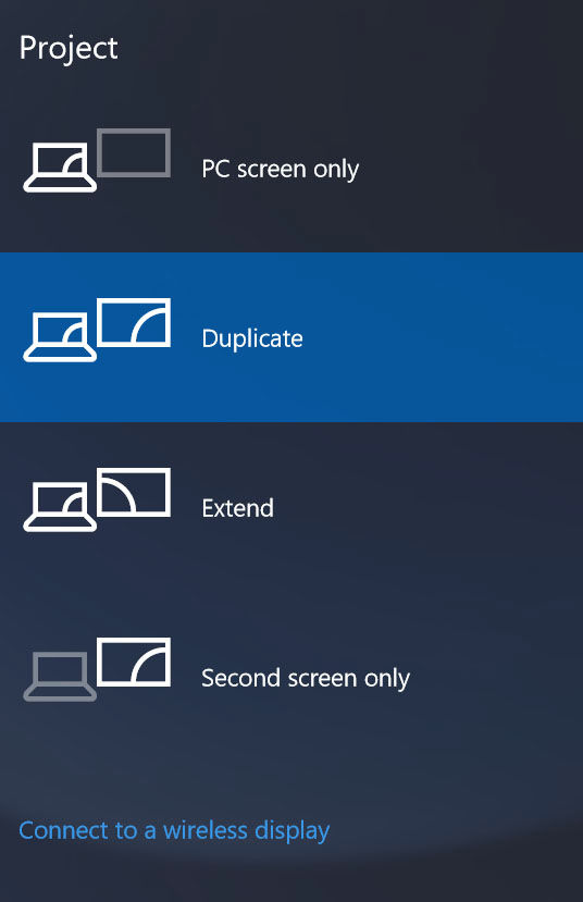 3 Επιλέξτε μία από τις εξής λειτουργίες παρουσίασης: PC screen only (Μόνο οθόνη υπολογιστή) Duplicate (Αναπαραγωγή) Extend (Επέκταση) Second screen