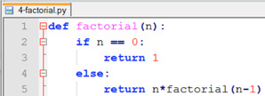 Εικόνα 4.71 Ολοκληρωμένος ορισμός συνάρτησης παραγοντικού Η ροή εκτέλεσης για το 3! (Εικόνα 4.72) είναι η εξής: Επειδή το 3 δεν είναι 0, πάρε το δεύτερο κλάδο και υπολόγισε το factorial του n-1.