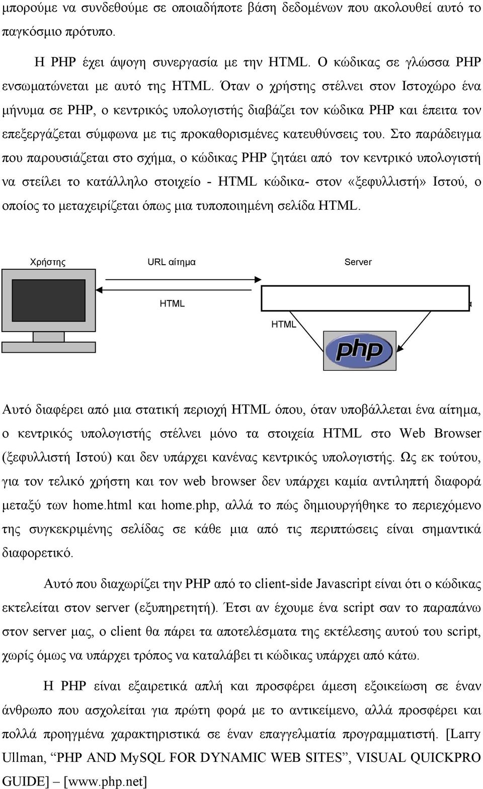 Στο παράδειγµα που παρουσιάζεται στο σχήµα, ο κώδικας PHP ζητάει από τον κεντρικό υπολογιστή να στείλει το κατάλληλο στοιχείο - HTML κώδικα- στον «ξεφυλλιστή» Ιστού, ο οποίος το µεταχειρίζεται όπως