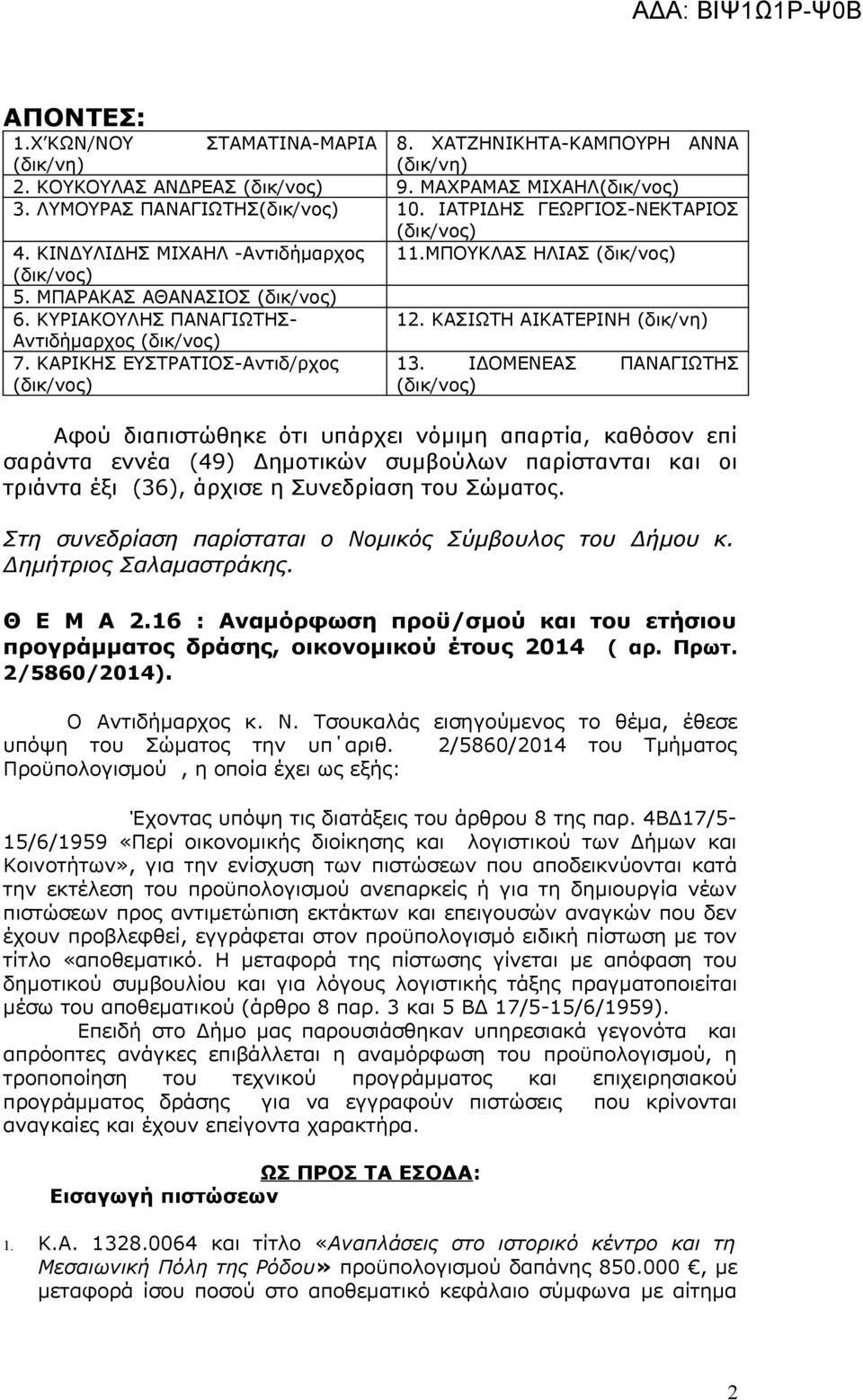 ΚΑΣΙΩΤΗ ΑΙΚΑΤΕΡΙΝΗ (δικ/νη) Αντιδήμαρχος (δικ/νος) 7. ΚΑΡΙΚΗΣ ΕΥΣΤΡΑΤΙΟΣ-Αντιδ/ρχος (δικ/νος) 13.