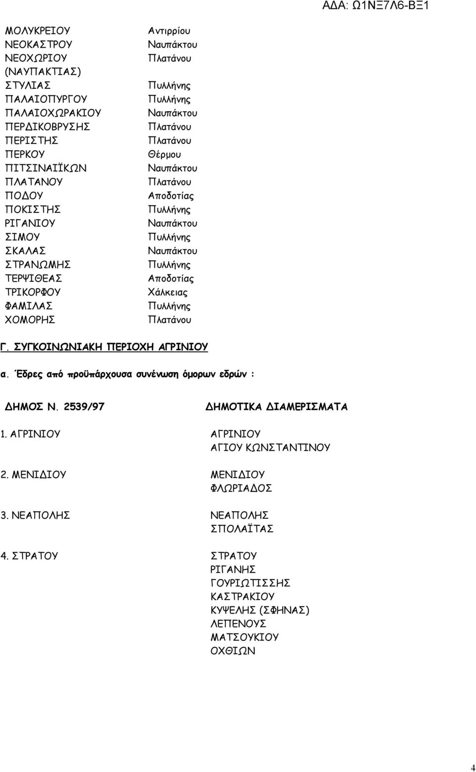 Έδρες από προϋπάρχουσα συνένωση όµορων εδρών : ΗΜΟΣ Ν. 2539/97 ΗΜΟΤΙΚΑ ΙΑΜΕΡΙΣΜΑΤΑ 1. ΑΓΡΙΝΙΟΥ ΑΓΡΙΝΙΟΥ ΑΓΙΟΥ ΚΩΝΣΤΑΝΤΙΝΟΥ 2.