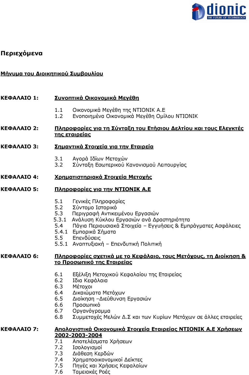 1 Αγορά Ιδίων Μετοχών 3.2 Σύνταξη Εσωτερικού Κανονισµού Λειτουργίας ΚΕΦΑΛΑΙΟ 4: ΚΕΦΑΛΑΙΟ 5: Χρηµατιστηριακά Στοιχεία Μετοχής Πληροφορίες για την ΝΤΙΟΝΙΚ Α.Ε 5.1 Γενικές Πληροφορίες 5.