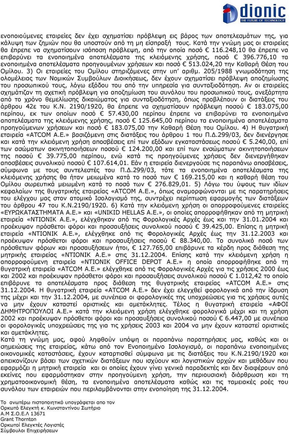 776,10 τα ενοποιηµένα αποτελέσµατα προηγουµένων χρήσεων και ποσό 513.024,20 την Καθαρή Θέση του Οµίλου. 3) Οι εταιρείες του Οµίλου στηριζόµενες στην υπ αριθµ.