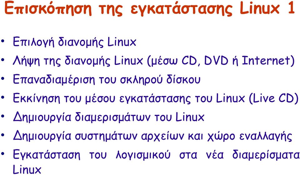 εγκατάστασης του Linux (Live CD) Δημιουργία διαμερισμάτων του Linux Δημιουργία
