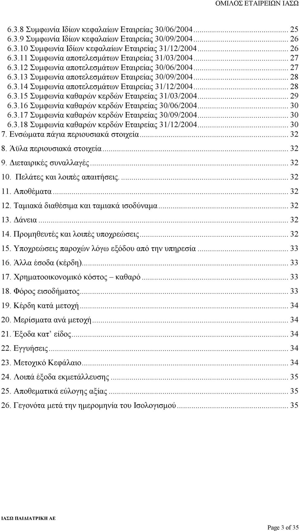 .. 29 6.3.16 Συµφωνία καθαρών κερδών Εταιρείας 30/06/2004... 30 6.3.17 Συµφωνία καθαρών κερδών Εταιρείας 30/09/2004... 30 6.3.18 Συµφωνία καθαρών κερδών Εταιρείας 31/12/2004... 30 7.