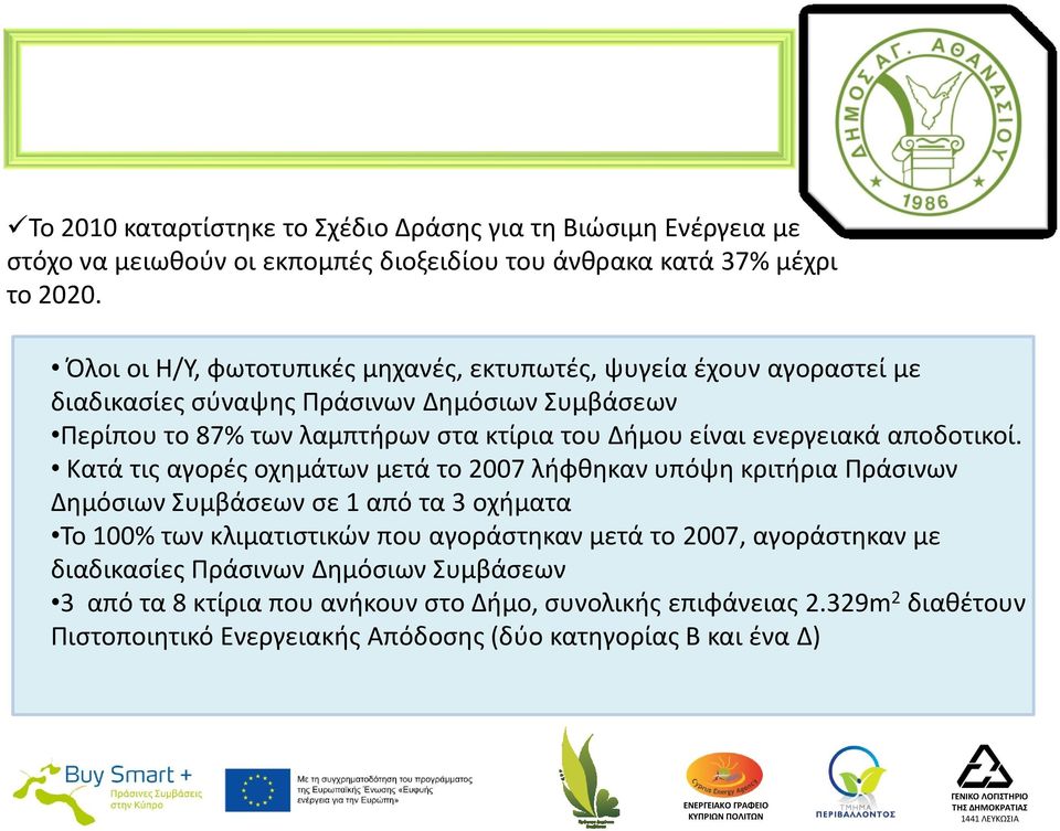 Όλοι οι Η/Υ, φωτοτυπικές μηχανές, εκτυπωτές, ψυγεία έχουν αγοραστεί με διαδικασίες σύναψης Περίπου το 87% των λαμπτήρων στα κτίρια του Δήμου είναι ενεργειακά αποδοτικοί.