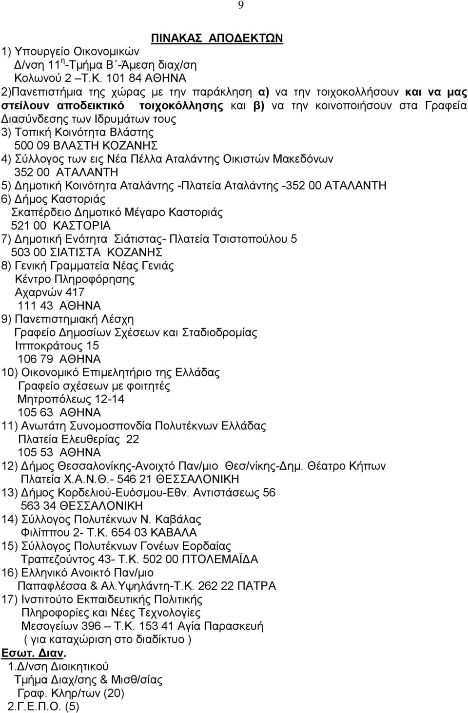 ΧΝ 1) Τπνπξγείν Οηθνλνκηθώλ Γ/λζε 11 ε -Σκήκα Β -Άκεζε δηαρ/ζε Κν