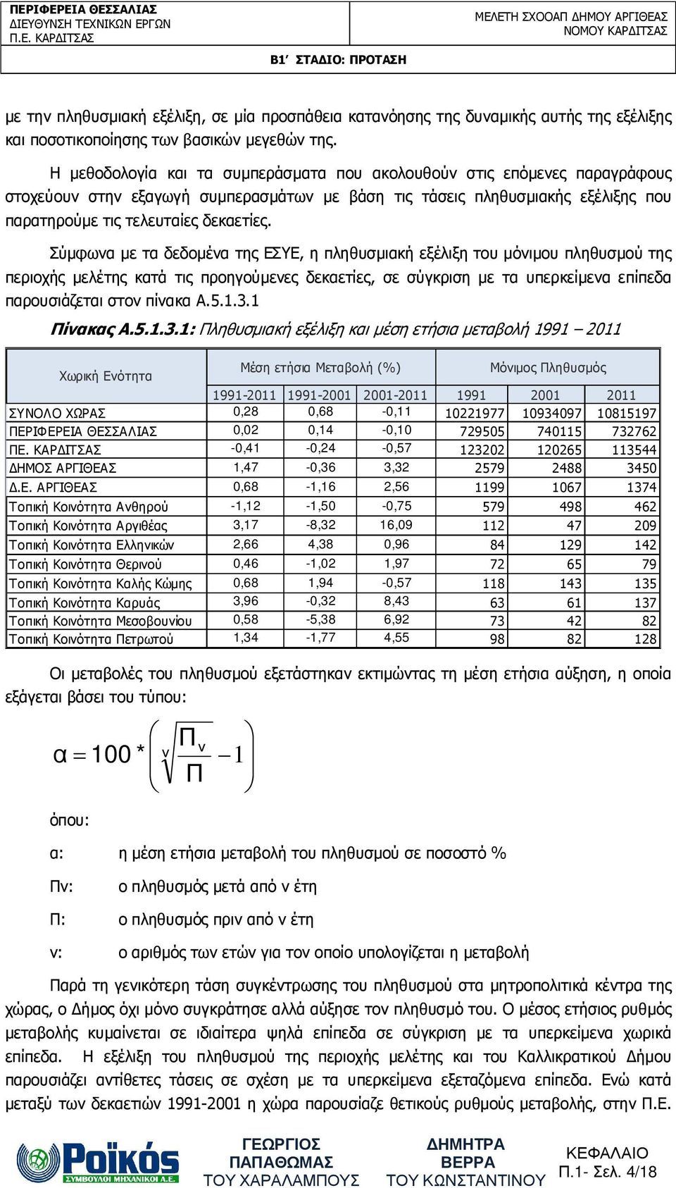 Σύµφωνα µε τα δεδοµένα της ΕΣΥΕ, η πληθυσµιακή εξέλιξη του µόνιµου πληθυσµού της περιοχής µελέτης κατά τις προηγούµενες δεκαετίες, σε σύγκριση µε τα υπερκείµενα επίπεδα παρουσιάζεται στον πίνακα Α.5.
