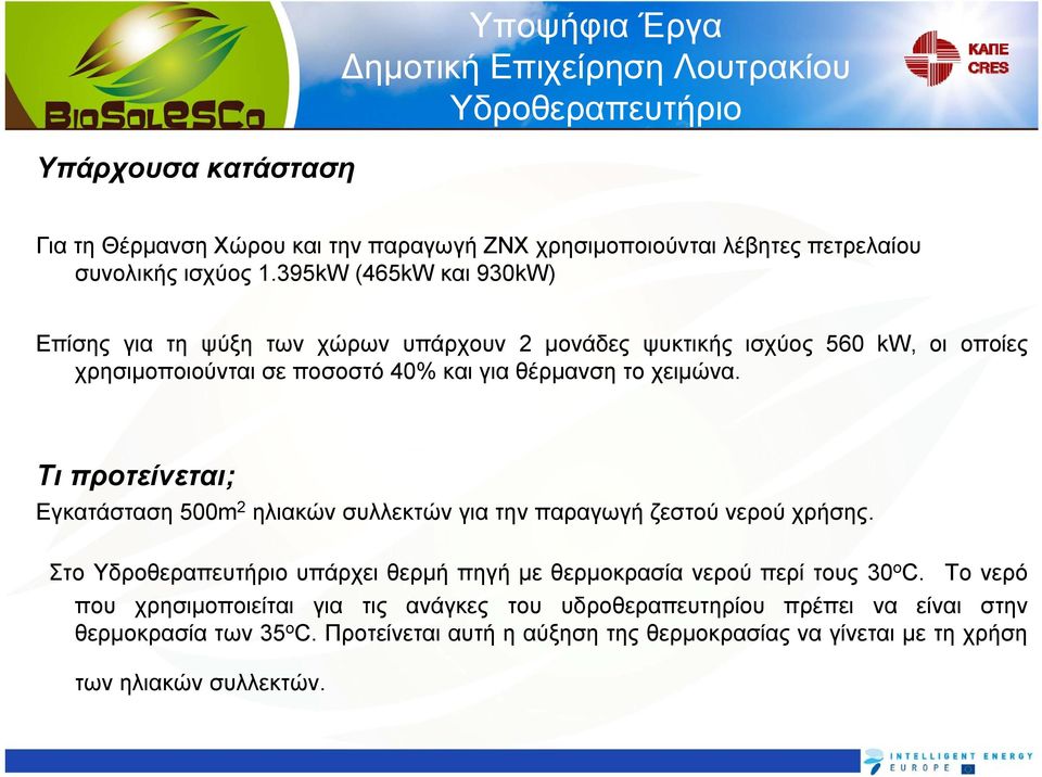 Τι προτείνεται; Εγκατάσταση 500m 2 ηλιακών συλλεκτών για την παραγωγή ζεστού νερού χρήσης. Στο Υδροθεραπευτήριο υπάρχει θερμή πηγή με θερμοκρασία νερού περί τους 30 o C.
