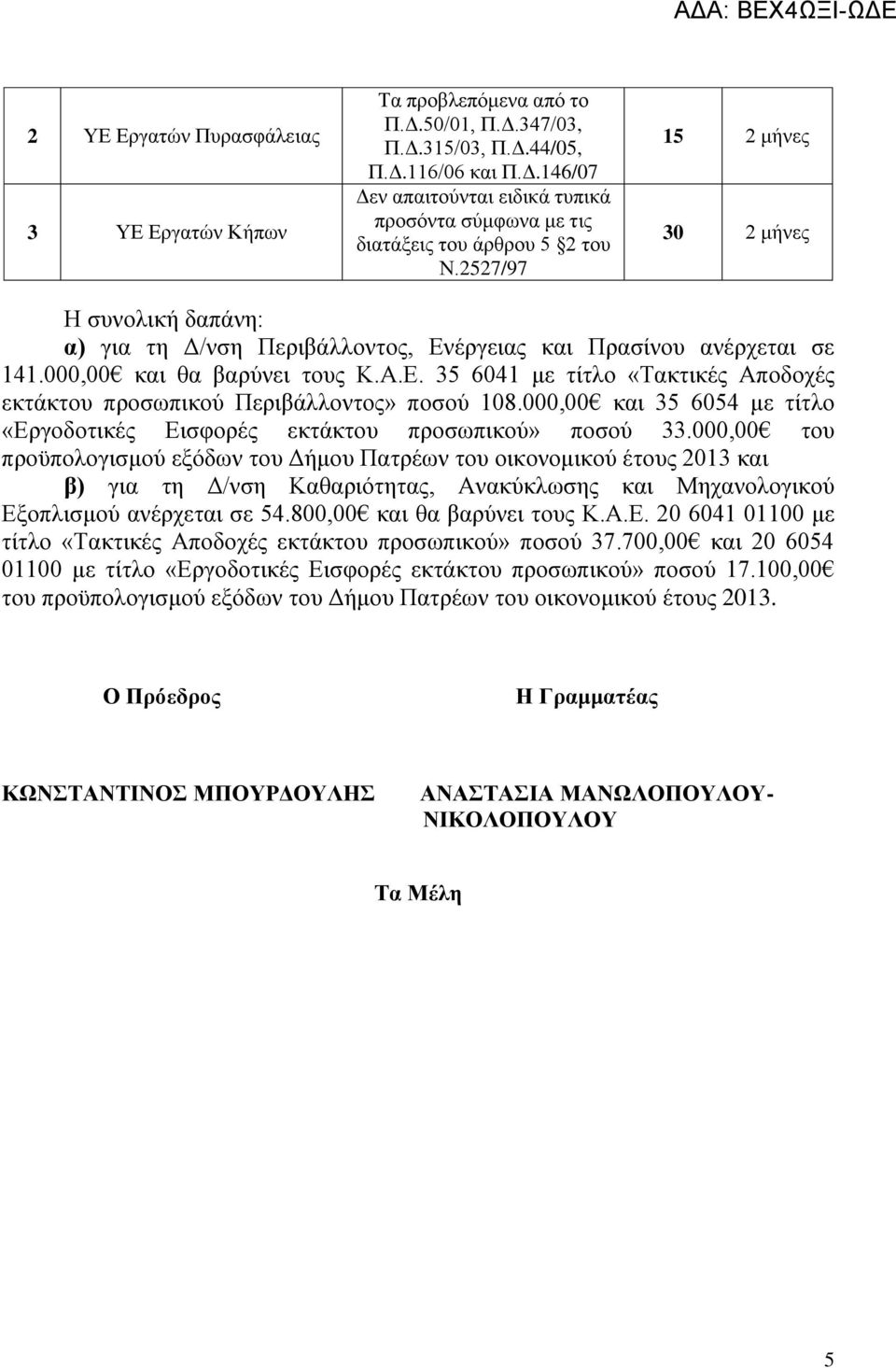 000,00 θαη 35 6054 κε ηίηιν «Δξγνδνηηθέο Δηζθνξέο εθηάθηνπ πξνζσπηθνχ» πνζνχ 33.