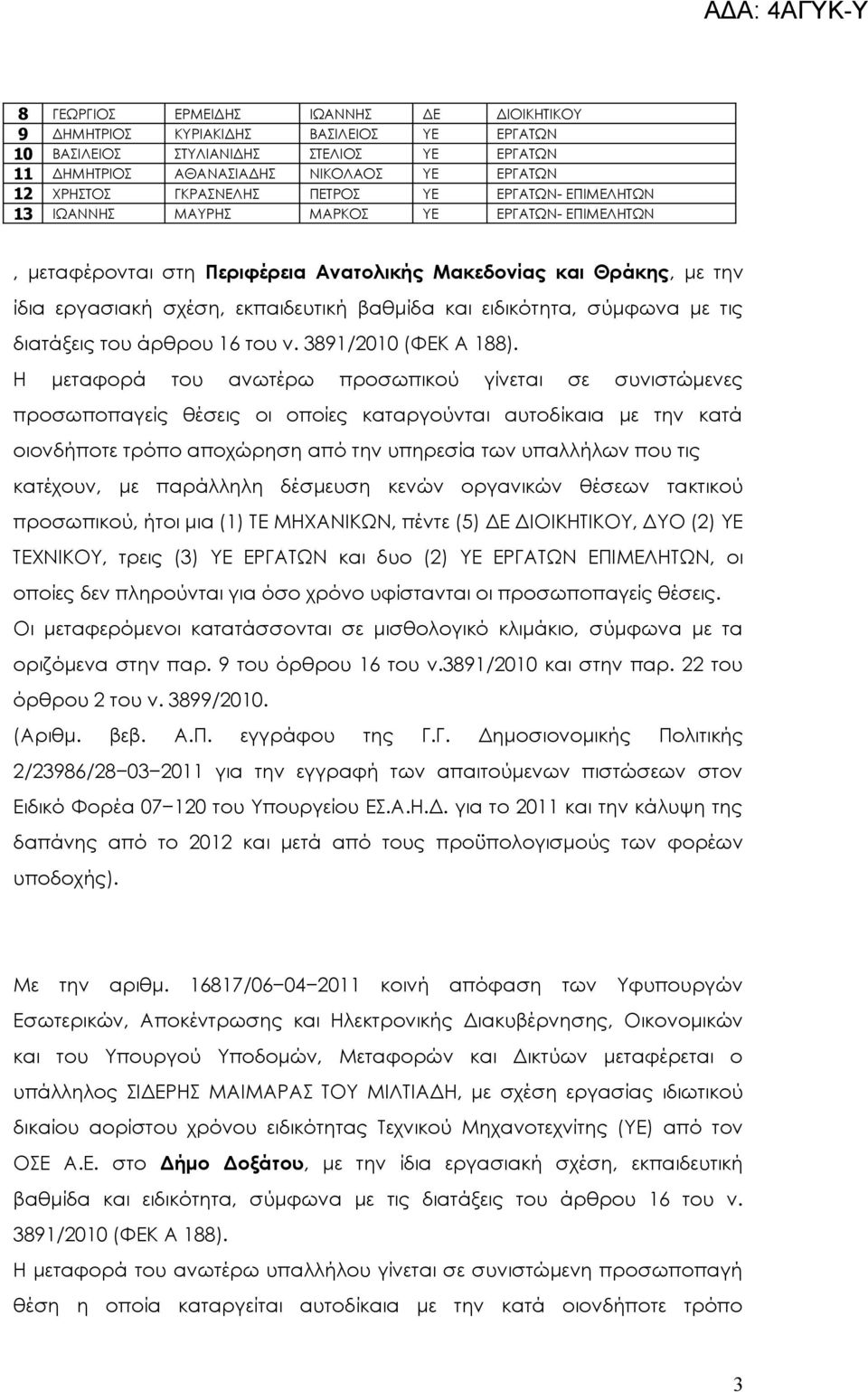 προσωπικού, ήτοι μια (1) ΤΕ ΜΗΧΝΙΚΩΝ, πέντε (5), ΔΥΟ (2), τρεις (3) ΕΡΓΤΩΝ και δυο (2) ΕΡΓΤΩΝ ΕΠΙΜΕΛΗΤΩΝ, οι οποίες δεν πληρούνται για όσο χρόνο υφίστανται οι προσωποπαγείς θέσεις. οριζόμενα στην παρ.