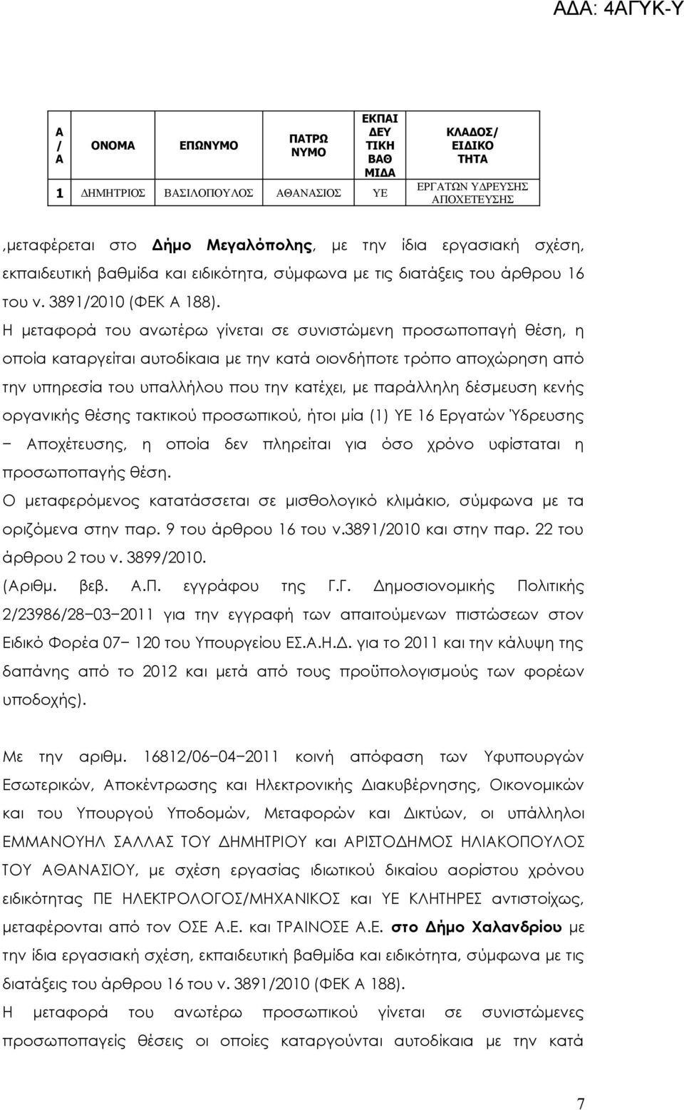 Η μεταφορά του ανωτέρω γίνεται σε συνιστώμενη προσωποπαγή θέση, η οποία καταργείται αυτοδίκαια με την κατά οιονδήποτε τρόπο αποχώρηση από την υπηρεσία του υπαλλήλου που την κατέχει, με παράλληλη