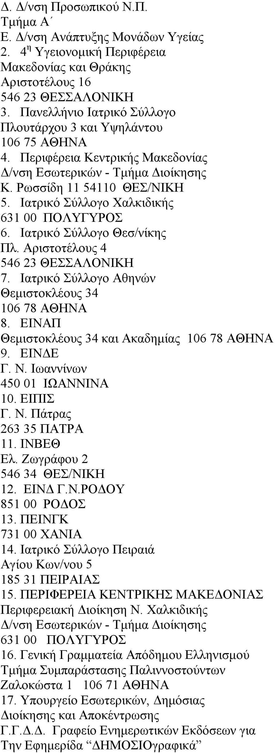 Ιατρικό Σύλλογο Χαλκιδικής 631 00 ΠΟΛΥΓΥΡΟΣ 6. Ιατρικό Σύλλογο Θεσ/νίκης Πλ. Αριστοτέλους 4 546 23 ΘΕΣΣΑΛΟΝΙΚΗ 7. Ιατρικό Σύλλογο Αθηνών Θεμιστοκλέους 34 106 78 ΑΘΗΝΑ 8.