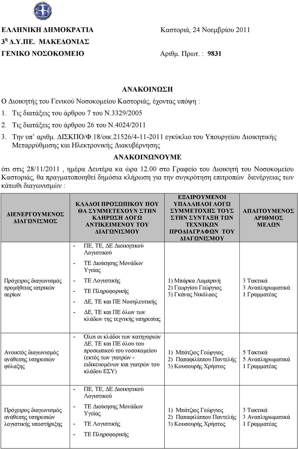 21526/4-11-2011 εγκύκλιο του Υπουργείου ιοικητικής Μεταρρύθµισης και Ηλεκτρονικής ιακυβέρνησης ΑΝΑΚΟΙΝΩΝΟΥΜΕ ότι στις 28/11/2011, ηµέρα ευτέρα κα ώρα 12.