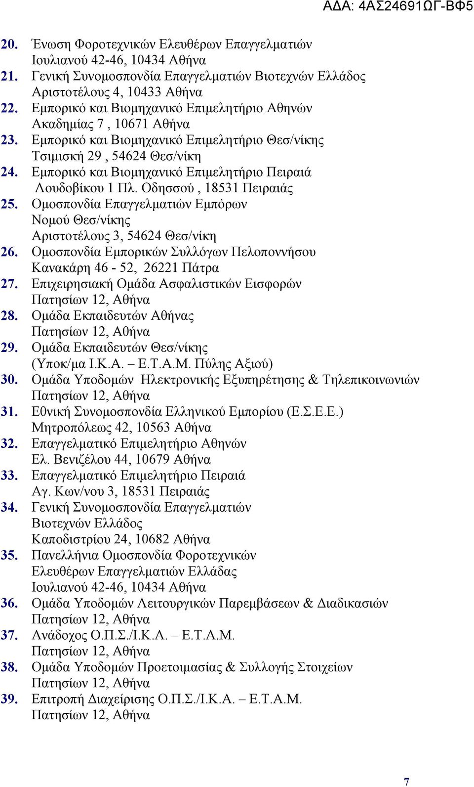 Εμπορικό και Βιομηχανικό Επιμελητήριο Πειραιά Λουδοβίκου 1 Πλ. Οδησσού, 18531 Πειραιάς 25. Ομοσπονδία Επαγγελματιών Εμπόρων Νομού Θεσ/νίκης Αριστοτέλους 3, 54624 Θεσ/νίκη 26.