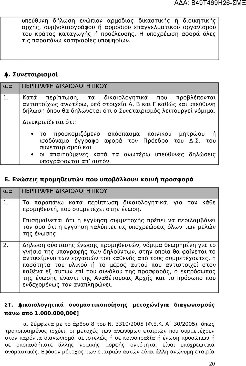 Κατά περίπτωση, τα δικαιολογητικά που προβλέπονται αντιστοίχως ανωτέρω, υπό στοιχεία Α, Β και Γ καθώς και υπεύθυνη δήλωση όπου θα δηλώνεται ότι ο Συνεταιρισμός λειτουργεί νόμιμα.