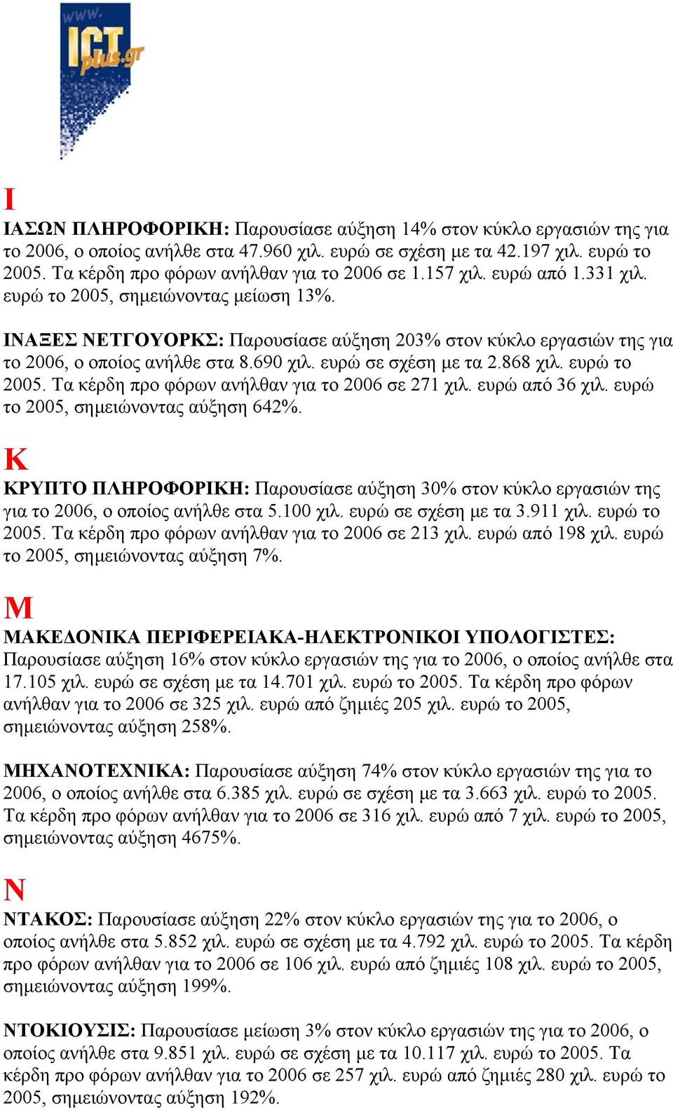 ΙΝΑΞΕΣ ΝΕΤΓΟΥΟΡΚΣ: Παρουσίασε αύξηση 203% στον κύκλο εργασιών της για το 2006, ο οποίος ανήλθε στα 8.690 χιλ. ευρώ σε σχέση με τα 2.868 χιλ. ευρώ το 2005.