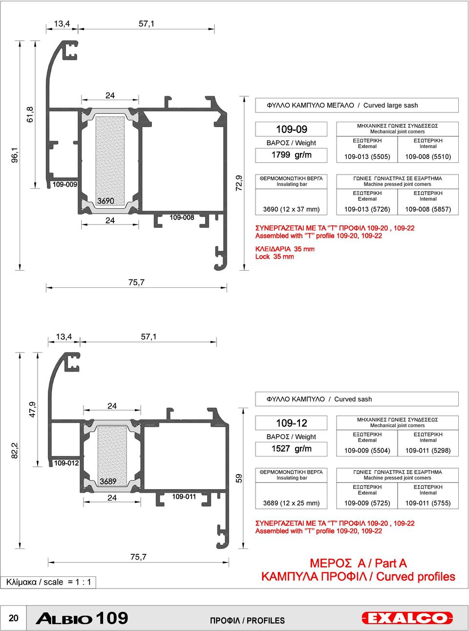 (5857) ΦΥΛΛΟ ΚΑΜΠΥΛΟ / Curved sash ΜΗΧΑΝΙΚΕΣ ΓΩΝΙΕΣ ΣΥΝΔΕΣΕΩΣ Mechanical jointcorners 109-009 (5504) 109-011(598) ΘΕΡΜΟΜΟΝΩΤΙΚΗ