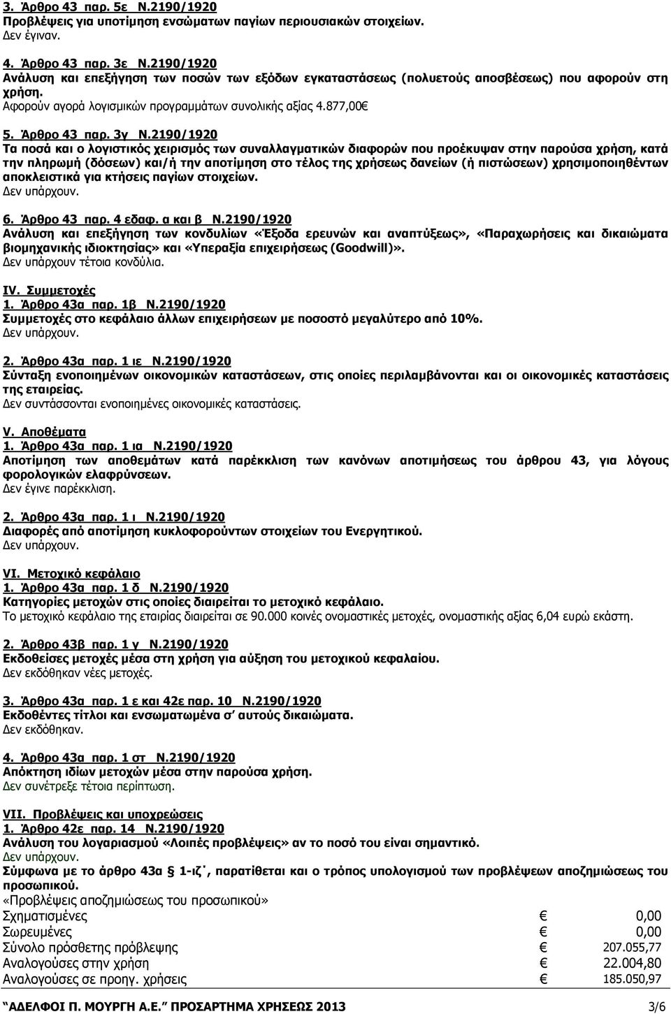 2190/1920 Τα ποσά και ο λογιστικός χειρισμός των συναλλαγματικών διαφορών που προέκυψαν στην παρούσα χρήση, κατά την πληρωμή (δόσεων) και/ή την αποτίμηση στο τέλος της χρήσεως δανείων (ή πιστώσεων)