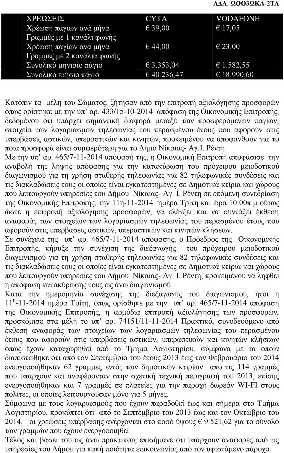 433/15-10-2014 απόφαση της Οικονομικής Επιτροπής, δεδομένου ότι υπάρχει σημαντική διαφορά μεταξύ των προσφερόμενων παγίων, στοιχεία των λογαριασμών τηλεφωνίας του περασμένου έτους που αφορούν στις