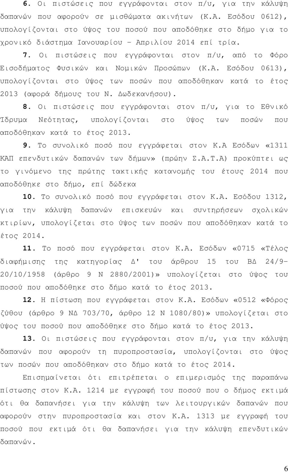 Οι πιστώσεις που εγγράφονται στον π/υ, από το Φόρο Εισοδήµατος Φυσικών και Νοµικών Προσώπων (Κ.Α. Εσόδου 0613), υπολογίζονται στο ύψος των ποσών που αποδόθηκαν κατά το έτος 2013 (αφορά δήµους του Ν.