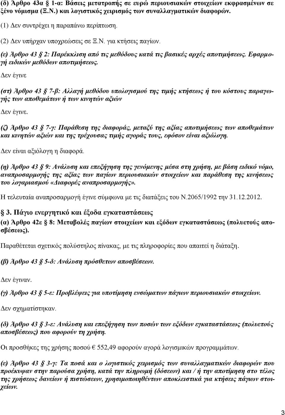 Δεν έγινε (στ) Άρθρο 43 7-β: Αλλαγή μεθόδου υπολογισμού της τιμής κτήσεως ή του κόστους παραγωγής των αποθεμάτων ή των κινητών αξιών Δεν έγινε.