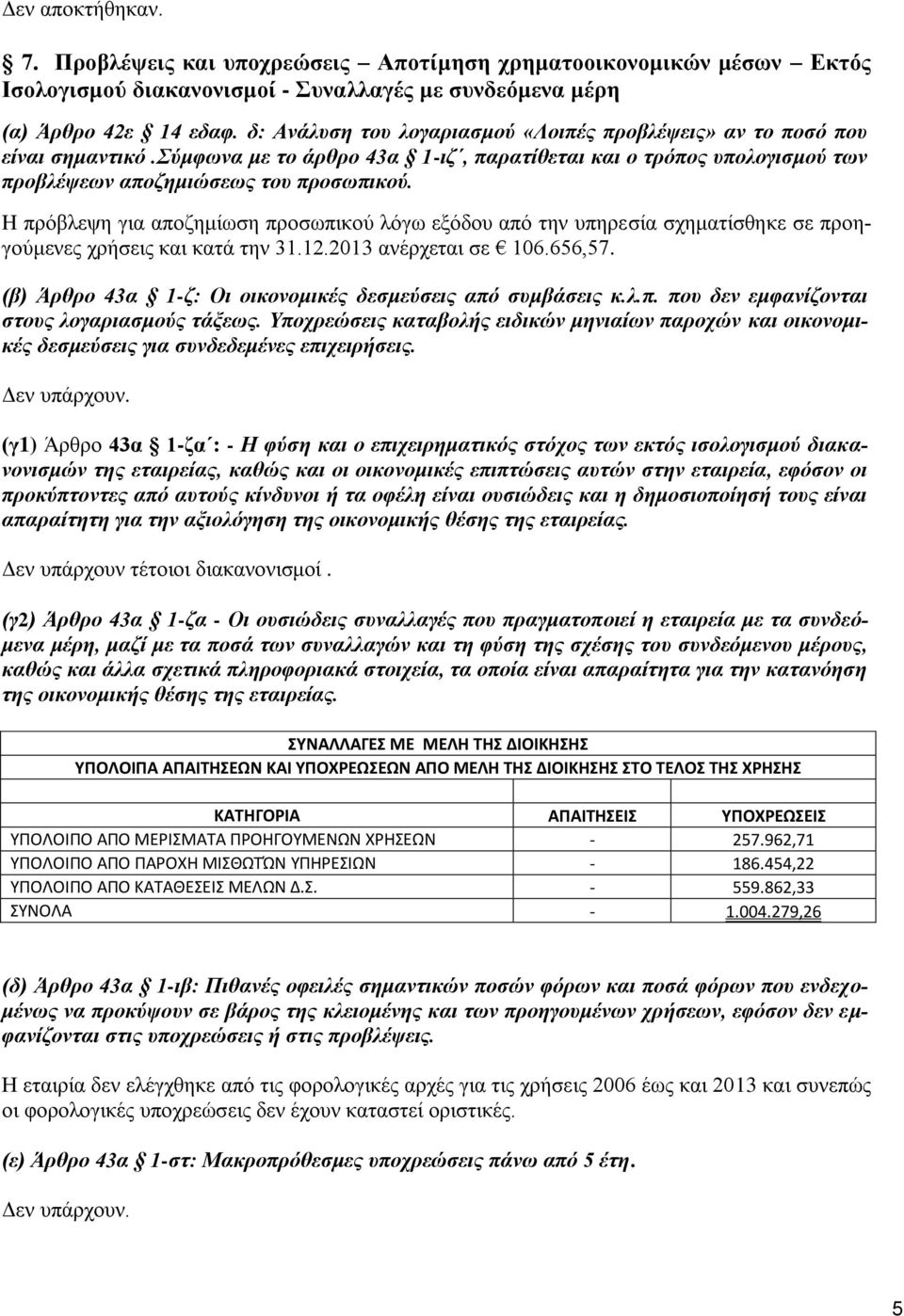 H πρόβλεψη για αποζημίωση προσωπικού λόγω εξόδου από την υπηρεσία σχηματίσθηκε σε προηγούμενες χρήσεις και κατά την 31.12.2013 ανέρχεται σε 106.656,57.