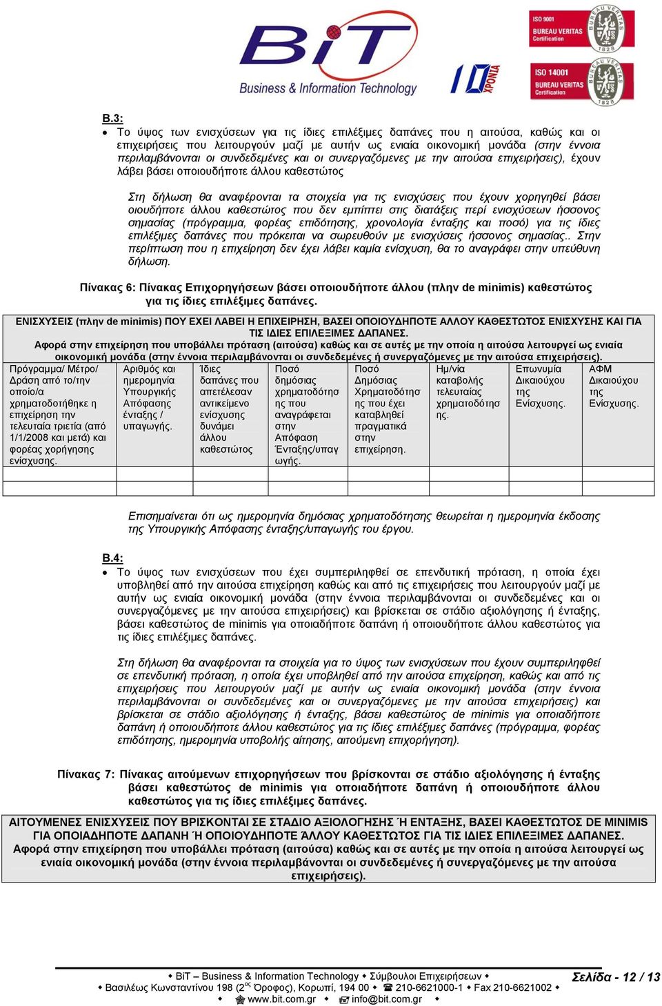 οιουδήποτε άλλου καθεστώτος που δεν εμπίπτει στις διατάξεις περί ενισχύσεων ήσσονος σημασίας (πρόγραμμα, φορέας επιδότησης, χρονολογία ένταξης και ποσό) για τις ίδιες επιλέξιμες δαπάνες που πρόκειται