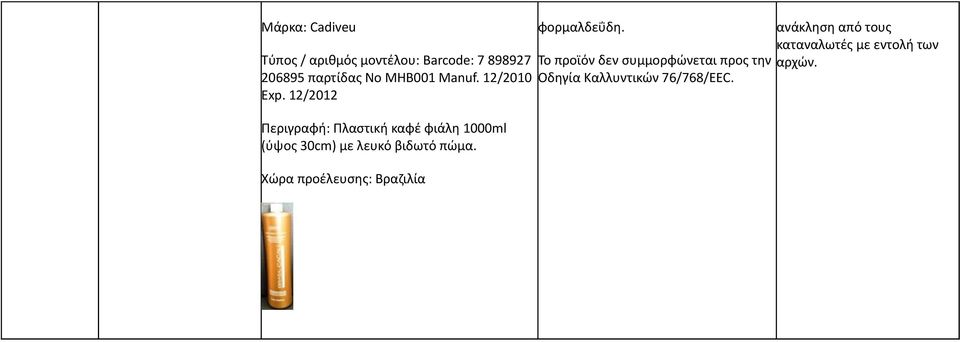 12/2012 Περιγραφή: Πλαστική καφέ φιάλη 1000ml (ύψος 30cm) με λευκό βιδωτό πώμα.