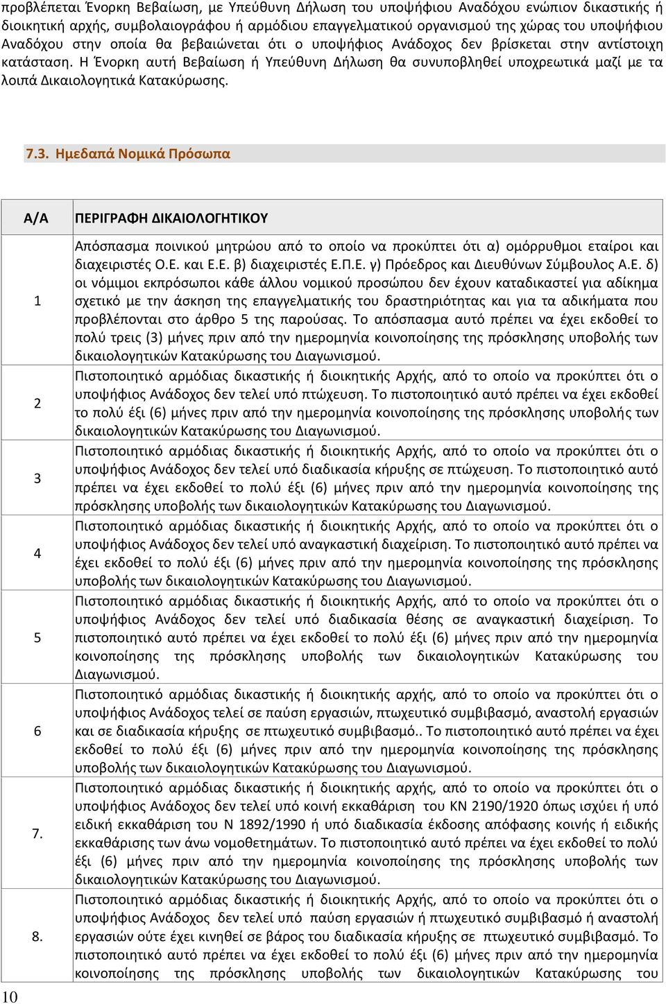 Η Ένορκη αυτή Βεβαίωση ή Υπεύθυνη Δήλωση θα συνυποβληθεί υποχρεωτικά μαζί με τα λοιπά Δικαιολογητικά Κατακύρωσης. 7.3. Ημεδαπά Νομικά Πρόσωπα Α/Α 1 2 3 4 5 6 7. 8.