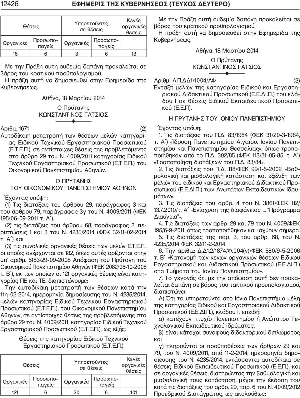1671 (2) Αυτοδίκαιη μετατροπή των θέσεων μελών κατηγορί ας Ειδικού Τεχνικού Εργαστηριακού Προσωπικού (Ε.Τ.Ε.Π.), σε αντίστοιχες θέσεις της προβλεπόμενης στο άρθρο 29 του Ν.