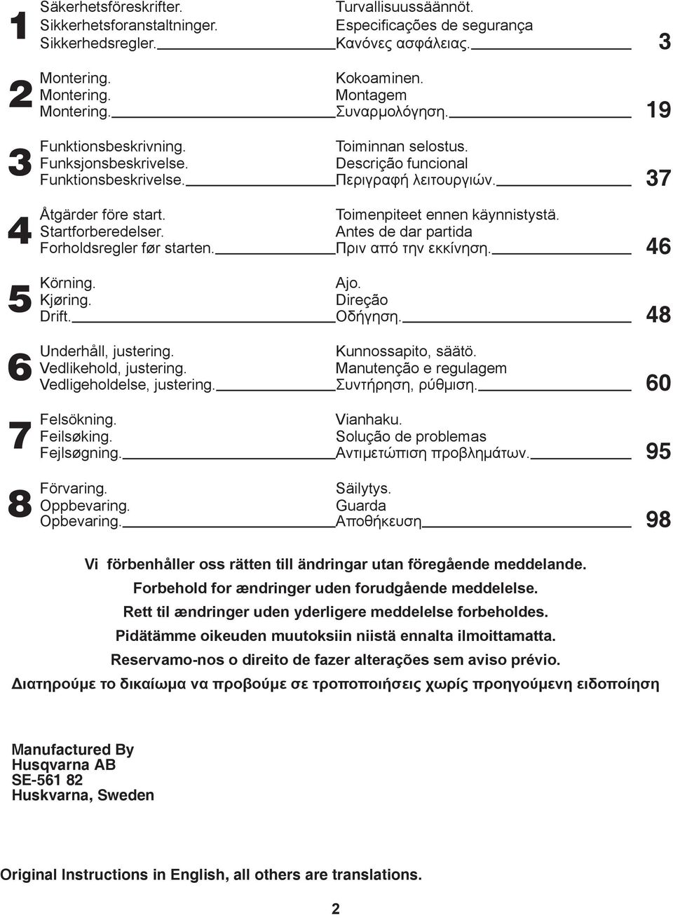 Descrição funcional Funktionsbeskrivelse. Περιγραφή λειτουργιών. 37 före start. Toimenpiteet ennen käynnistystä. Startforberedelser. Antes de dar partida Forholdsregler før starten.