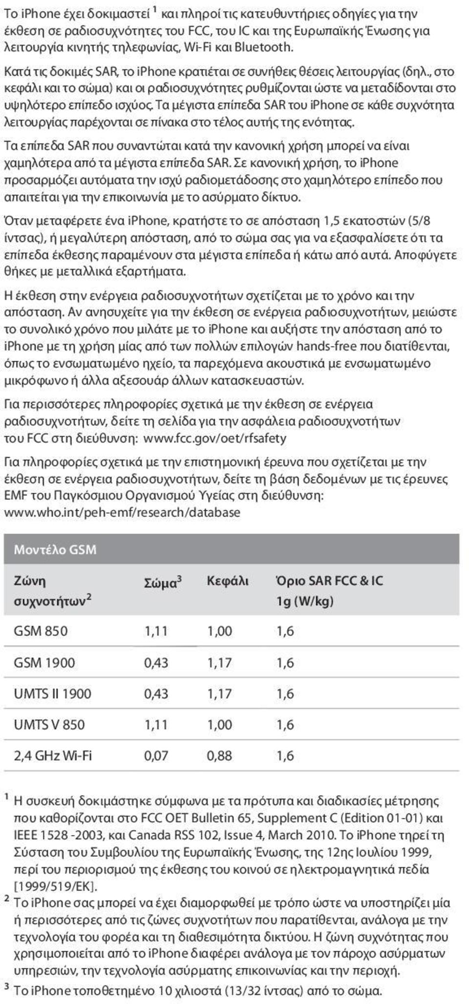 Τα μέγιστα επίπεδα SAR του iphone σε κάθε συχνότητα λειτουργίας παρέχονται σε πίνακα στο τέλος αυτής της ενότητας.