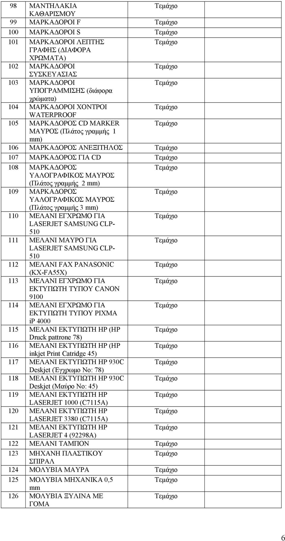 ΥΑΛΟΓΡΑΦΙΚΟΣ ΜΑΥΡΟΣ (Πλάτος γραµµής 3 mm) 110 ΜΕΛΑΝΙ ΕΓΧΡΩΜΟ ΓΙΑ LASERJET SAMSUNG CLP- 510 111 ΜΕΛΑΝΙ ΜΑΥΡΟ ΓΙΑ LASERJET SAMSUNG CLP- 510 112 ΜΕΛΑΝΙ FAX PANASONIC (KX-FA55X) 113 ΜΕΛΑΝΙ ΕΓΧΡΩΜΟ ΓΙΑ