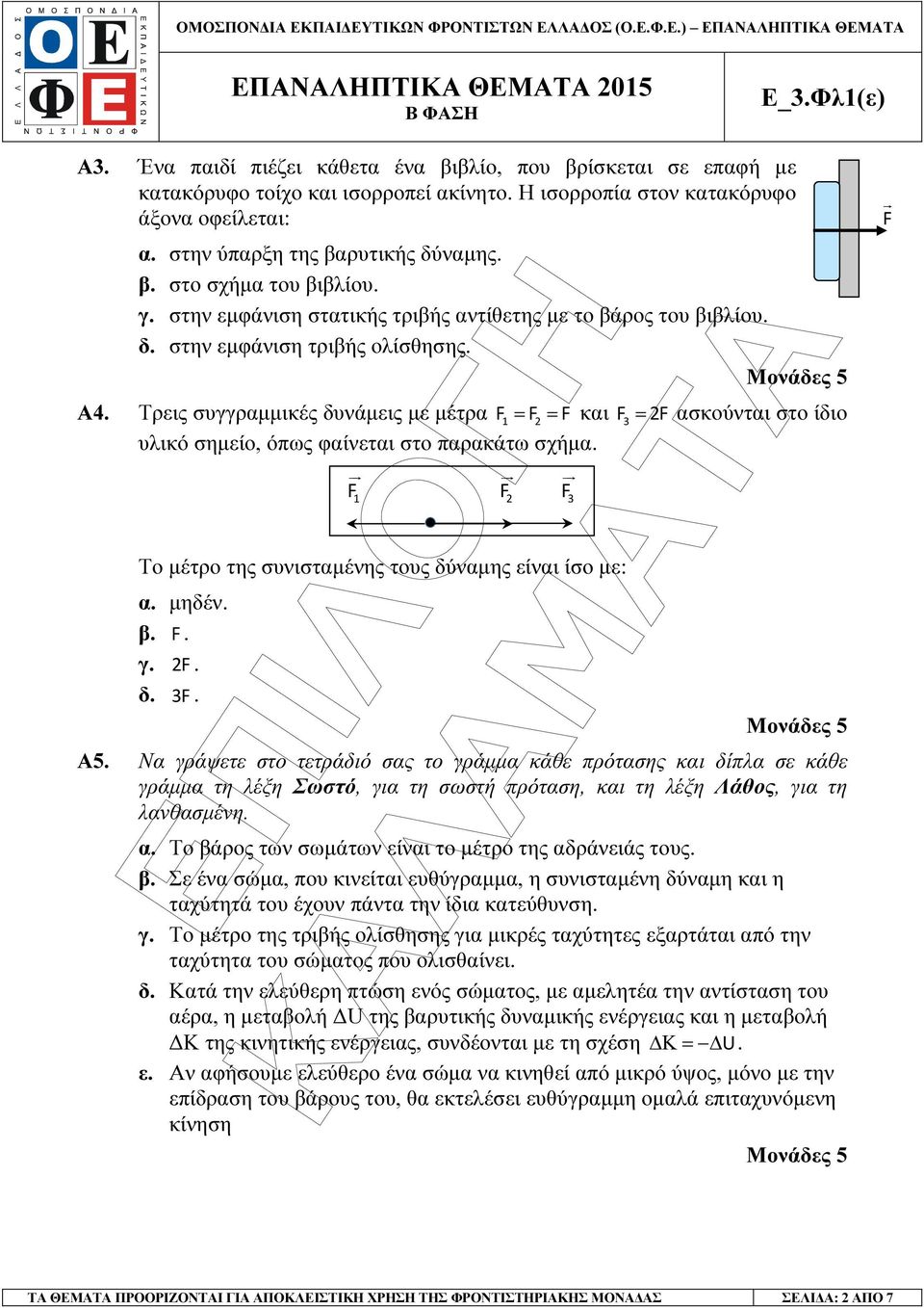 Τρεις συγγραµµικές δυνάµεις µε µέτρα F 1 = F = F και F 3 = F ασκούνται στο ίδιο υλικό σηµείο, όπως φαίνεται στο παρακάτω σχήµα. F F F Το µέτρο της συνισταµένης τους δύναµης είναι ίσο µε: α. µηδέν. β.