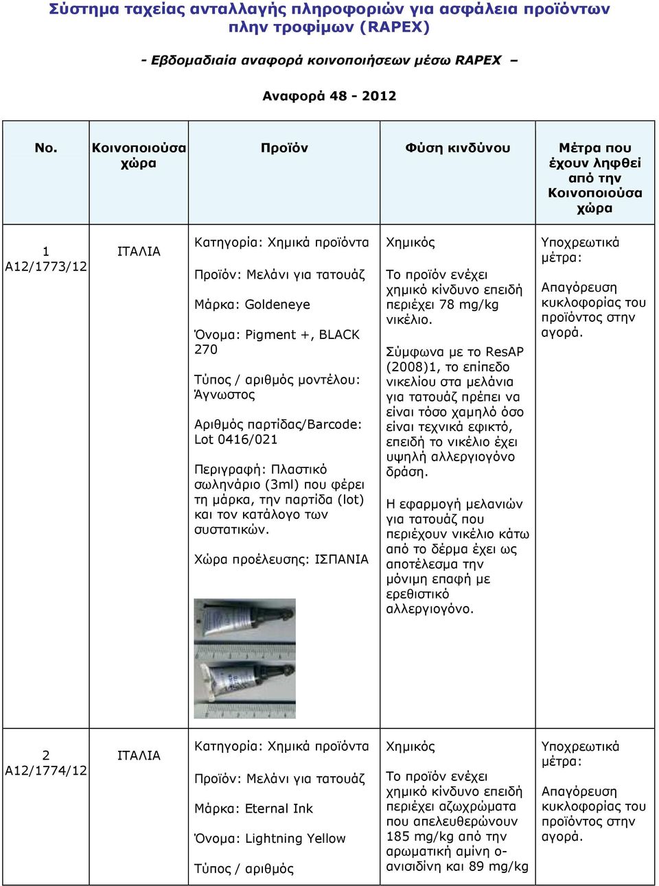 BLACK 270 Lot 0416/021 Περιγραφή: Πλαστικό σωληνάριο (3ml) που φέρει τη µάρκα, την παρτίδα (lot) και τον κατάλογο των συστατικών.