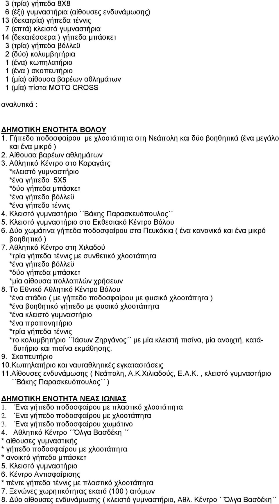 Γήπεδο ποδοσφαίρου με χλοοτάπητα στη Νεάπολη και δύο βοηθητικά (ένα μεγάλο και ένα μικρό ) 2. Αίθουσα βαρέων αθλημάτων 3.