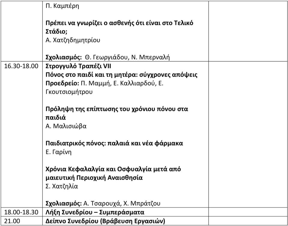 Γκουτσιομήτρου Πρόληψη της επίπτωσης του χρόνιου πόνου στα παιδιά Α. Μαλισιώβα Παιδιατρικός πόνος: παλαιά και νέα φάρμακα Ε.