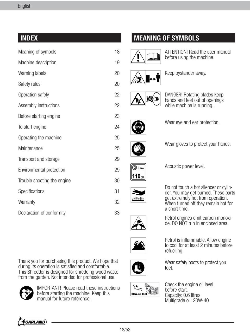 Trouble shooting the engine 30 Specifications 31 Warranty 32 Declaration of conformity 33 DANGER! Rotating blades keep hands and feet out of openings while machine is running.