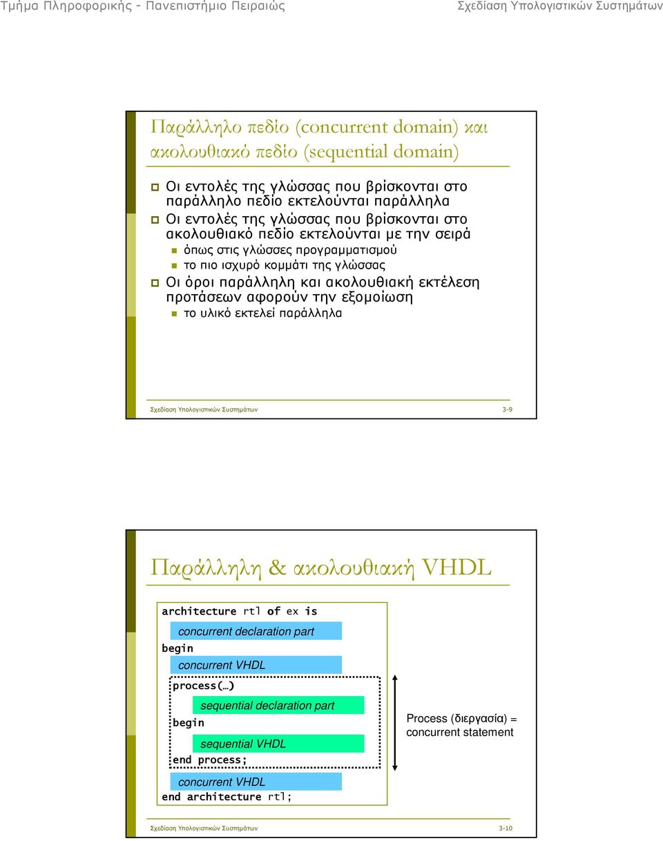 και ακολουθιακή εκτέλεση προτάσεων αφορούν την εξοµοίωση το υλικό εκτελεί παράλληλα 3-9 Παράλληλη & ακολουθιακή VHDL architecture rtl of ex is concurrent declaration