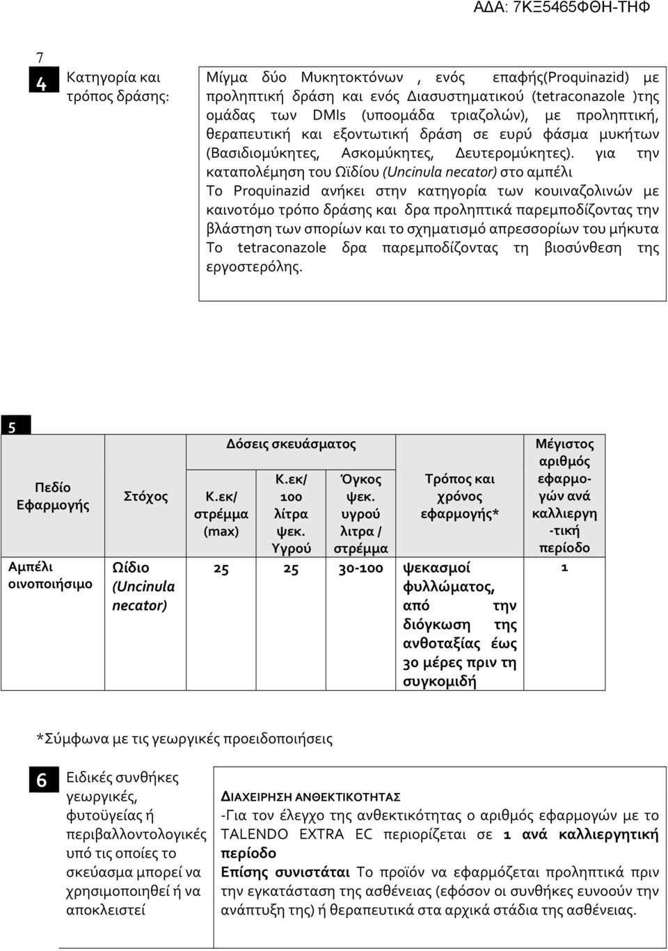 για την καταπολέμηση του Ωϊδίου (Uncinula necator) στο αμπέλι Το Proquinazid ανήκει στην κατηγορία των κουιναζολινών με καινοτόμο τρόπο δράσης και δρα προληπτικά παρεμποδίζοντας την βλάστηση των
