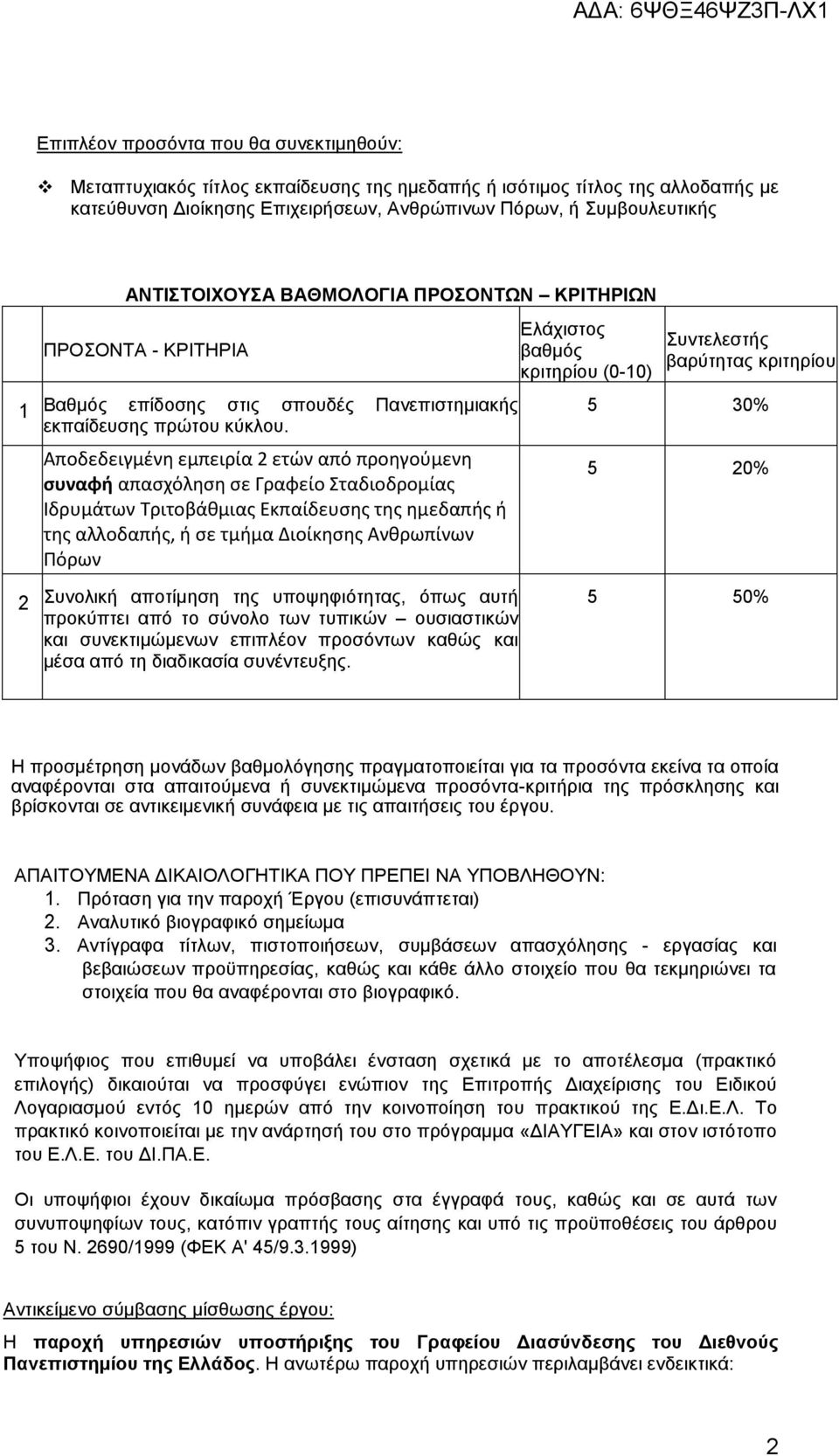 Αποδεδειγμένη εμπειρία 2 ετών από προηγούμενη συναφή απασχόληση σε Γραφείο Σταδιοδρομίας Ιδρυμάτων Τριτοβάθμιας Εκπαίδευσης της ημεδαπής ή της αλλοδαπής, ή σε τμήμα Διοίκησης Ανθρωπίνων Πόρων