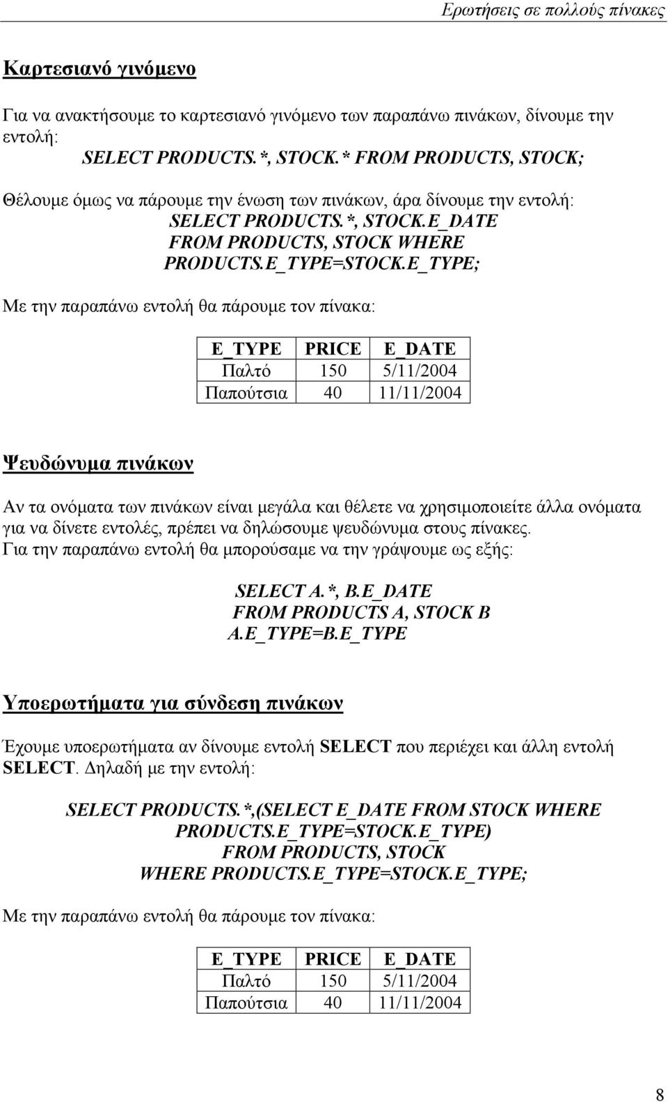 E_TYPE; Με την παραπάνω εντολή θα πάρουµε τον πίνακα: E_TYPE PRICE E_DATE Παλτό 150 5/11/2004 Παπούτσια 40 11/11/2004 Ψευδώνυµα πινάκων Αν τα ονόµατα των πινάκων είναι µεγάλα και θέλετε να