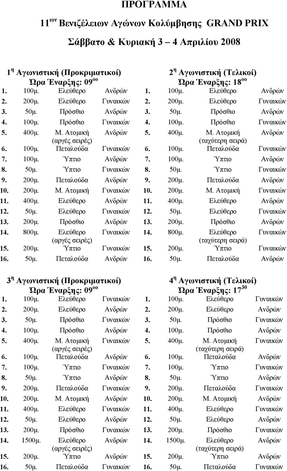 400μ. Μ. Ατομική Ανδρών 5. 400μ. Μ. Ατομική Ανδρών 6. 100μ. Πεταλούδα Γυναικών 6. 100μ. Πεταλούδα Γυναικών 7. 100μ. Ύπτιο Ανδρών 7. 100μ. Ύπτιο Ανδρών 8. 50μ. Ύπτιο Γυναικών 8. 50μ. Ύπτιο Γυναικών 9.