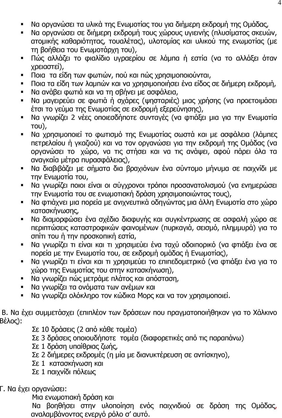 τα είδη των λαμπών και να χρησιμοποιήσει ένα είδος σε διήμερη εκδρομή, Να ανάβει φωτιά και να τη σβήνει με ασφάλεια, Να μαγειρεύει σε φωτιά ή σχάρες (ψησταριές) μιας χρήσης (να προετοιμάσει έτσι το