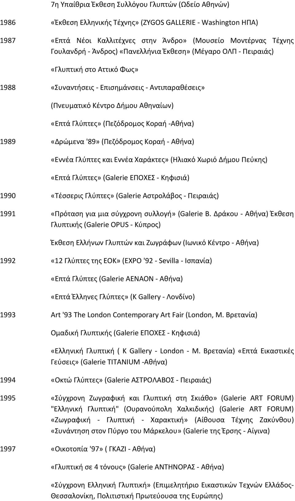 «Δρώμενα '89» (Πεζόδρομος Κοραή Αθήνα) «Εννέα Γλύπτες και Εννέα Χαράκτες» (Ηλιακό Χωριό Δήμου Πεύκης) «Επτά Γλύπτες» (Galerie ΕΠΟΧΕΣ Κηφισιά) 1990 «Τέσσερις Γλύπτες» (Galerie Αστρολάβος Πειραιάς)