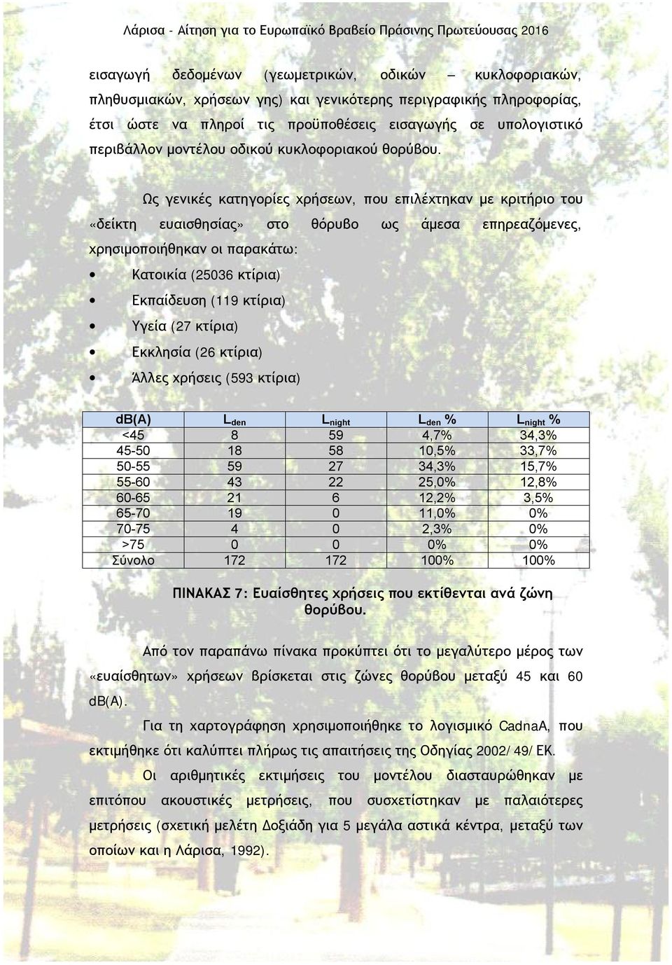 Ως γενικές κατηγορίες χρήσεων, που επιλέχτηκαν με κριτήριο του «δείκτη ευαισθησίας» στο θόρυβο ως άμεσα επηρεαζόμενες, χρησιμοποιήθηκαν οι παρακάτω: Κατοικία (25036 κτίρια) Εκπαίδευση (119 κτίρια)