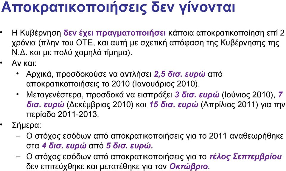 Μεταγενέστερα, προσδοκά να εισπράξει 3 δισ. ευρώ (Ιούνιος 2010), 7 δισ. ευρώ (Δεκέμβριος 2010) και 15 δισ. ευρώ (Απρίλιος 2011) για την περίοδο 2011-2013.