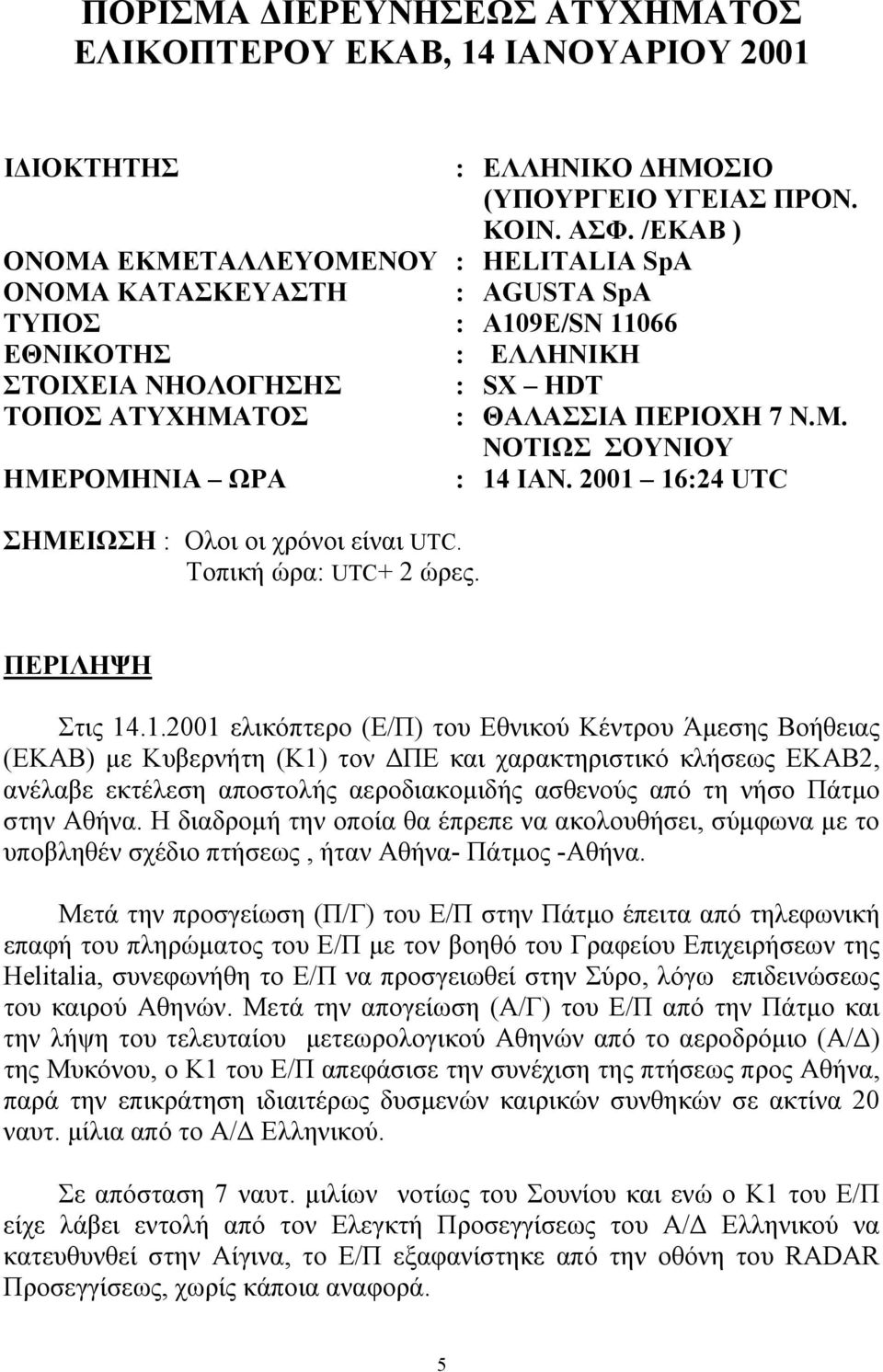 2001 16:24 UTC ΣΗΜΕΙΩΣΗ : Ολοι οι χρόνοι είναι UTC. Τοπική ώρα: UTC+ 2 ώρες. ΠΕΡΙΛΗΨΗ Στις 14.1.2001 ελικόπτερο (Ε/Π) του Εθνικού Κέντρου Άµεσης Βοήθειας (ΕΚΑΒ) µε Κυβερνήτη (Κ1) τον ΠΕ και